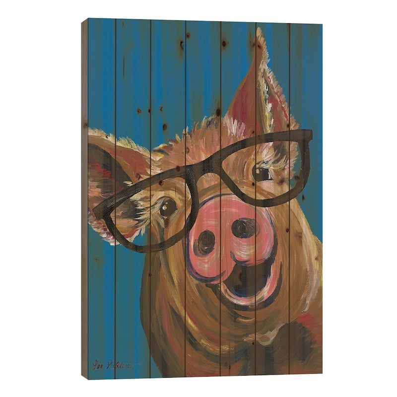 Pig Wilbur Glasses Blue Print On Wood by Hippie Hound Studios - Multi-Color - 26x18x1.5