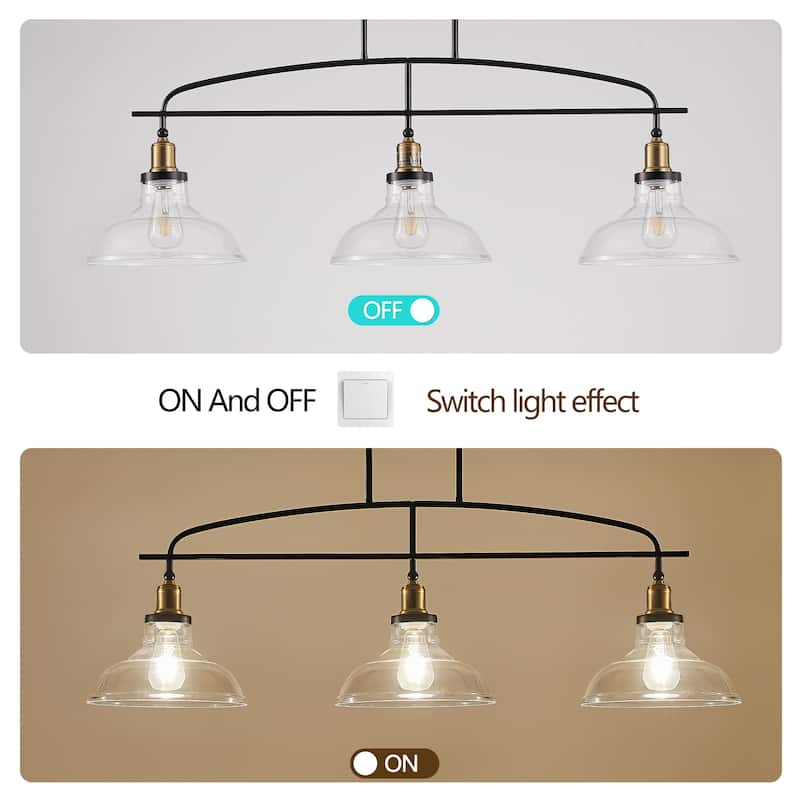 Anmytek 45 Inch Black Industrial 3-Light Chandelier with Clear Glass Shades