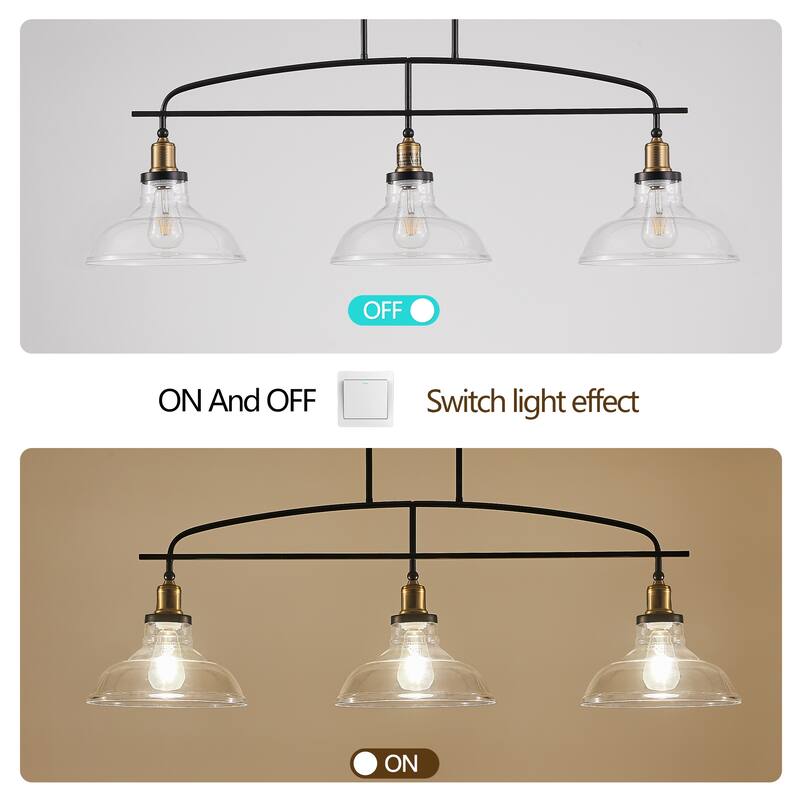 Industrial-Style 3-Light Pendant Light with Transparent Glass Shade, for Kitchen Islands, Dining Rooms and Living Rooms