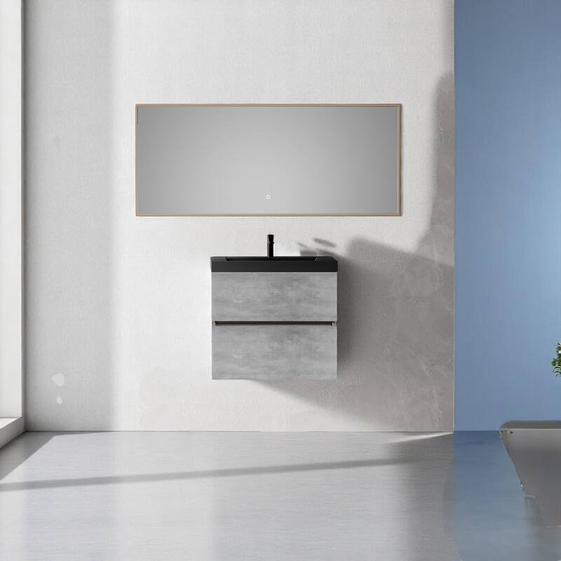 24"/30"/36"/42" Floating Bathroom Vanity with Black Quartz Sand Sink, Grey Wall-Mounted Cabinet, Soft Close Drawers - 24"