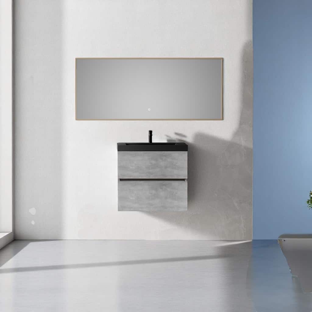 24"/30"/36"/42" Floating Bathroom Vanity with Black Quartz Sand Sink, Grey Wall-Mounted Cabinet, Soft Close Drawers