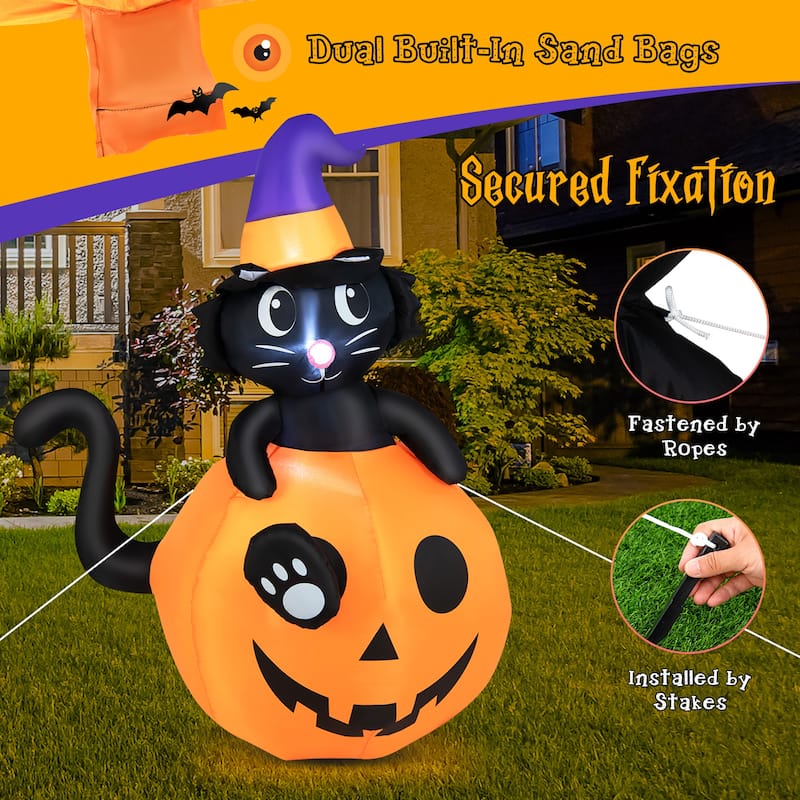 Gymax 5FT Inflatable Halloween Decor Pumpkin with Witch's Black Cat w/