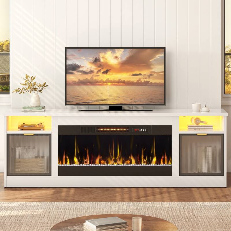 Bestier 71 in. Freestanding Fireplace TV Stand for TVs Up to 80 in. with Ample Storage in Glossy - 22.83hx71wx15.75d