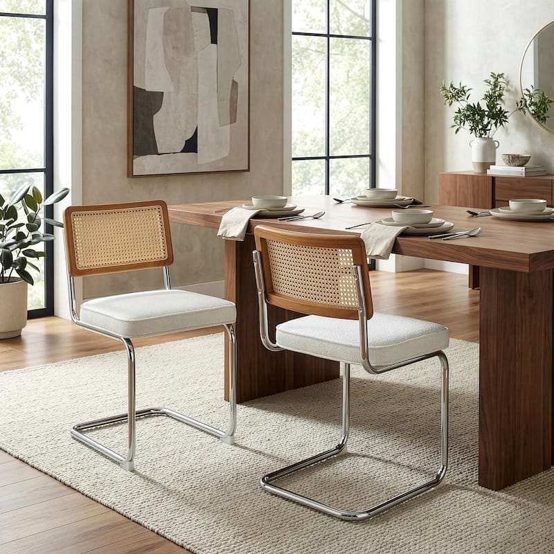 Set of 2 Aziel White Boucle Dining Chair with Rattan Backrest and Chrome Legs