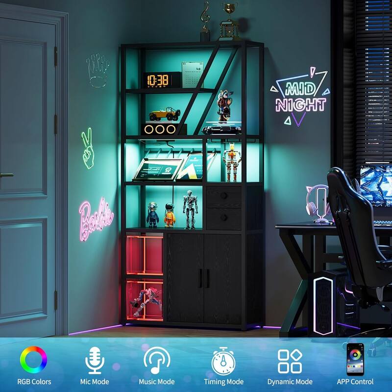 Farmhouse Bar Cabinet with Wine Rack,Bakers Rack with Power Outlet and LED Light