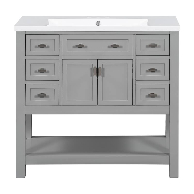 Roomfitters 36" Vanity with Sink, Mirror Cabinet and Towel Bar, Storage Unit with 6 Drawers and 2 Doors, Modern Design