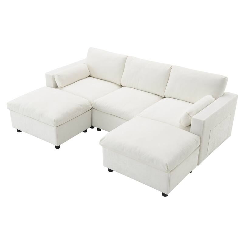 Roomfitters 86.5" Chenille Modular Sectional Sofa, Storage Pockets, 5 Seat U-Shaped Couch with Pillows & 2 Ottomans