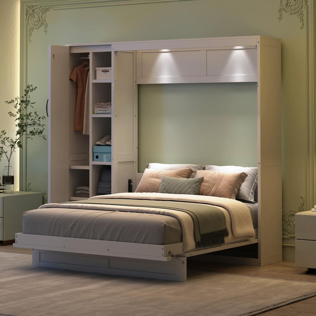 Multifunctional Foldable Murphy Bed Queen Wall Cabinet Bed with Open Storage Shelves, LED Light and Small Closet for Guest Room