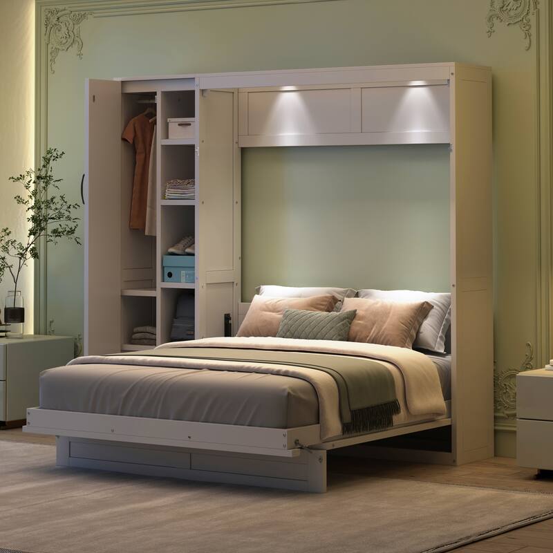 Queen Size Wall Bed with Shelves, Wardrobe, and LED Lights, Space-Saving Design, White