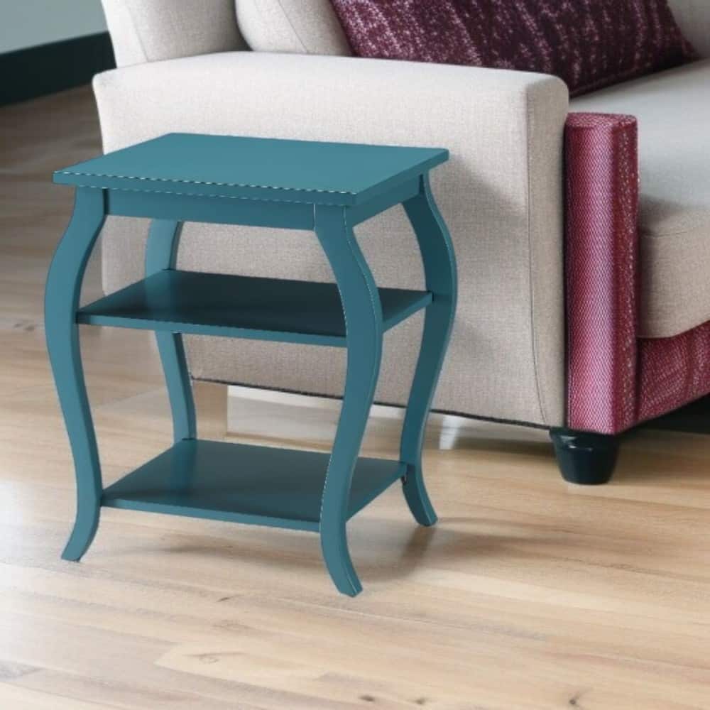 HomeRoots 23" Teal Blue Wood Bow Leg End Table With Two Shelves