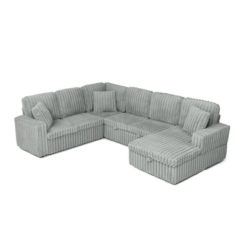 Corduroy Upholstered Reclining Sofa U-shaped Sleeper Sectional Couch with Pull Out Bed, Storage Chaise and Adjustable Backrests