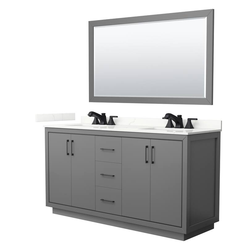 Icon 66-inch Double Vanity, Quartz Top, 58-inch Mirror - Dark Gray, Black Trim, Giotto Quartz Top