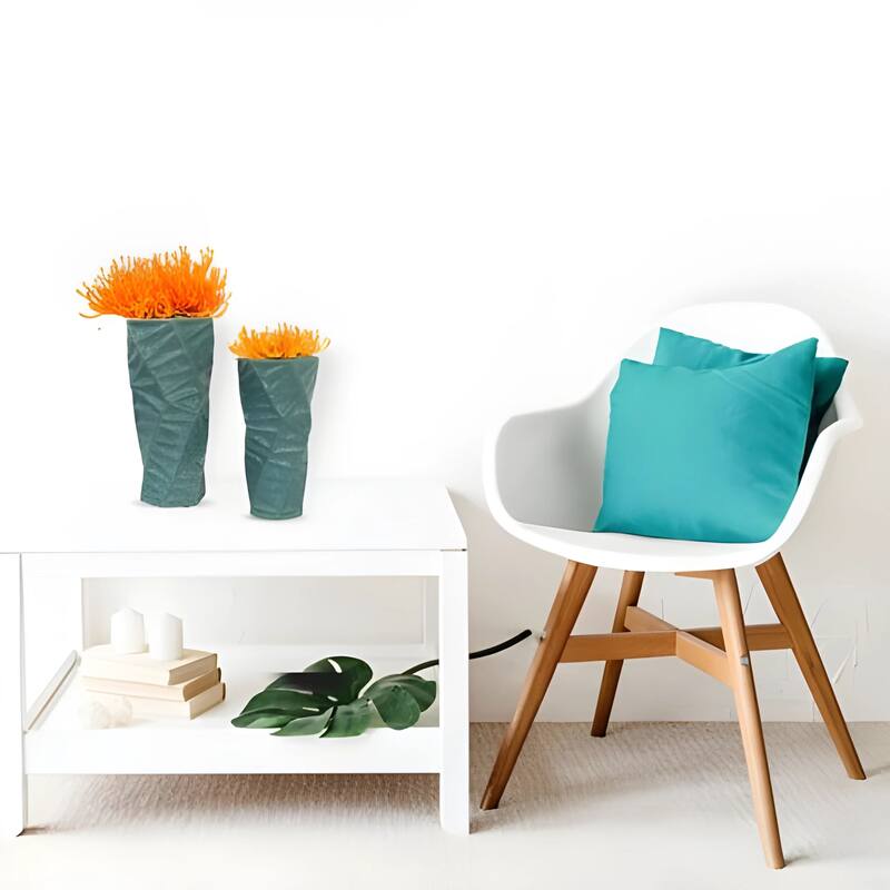 Teal Ceramic Vases Set of 2 with 3D Triangle Pattern and Twist Design