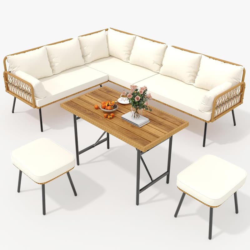 6 Pieces Patio Furniture Set, Outdoor Wicker Rattan - Beige