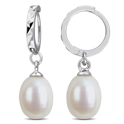 Miadora 7-8mm Cultured Freshwater Pearl Huggie Drop Earrings Sterling Silver