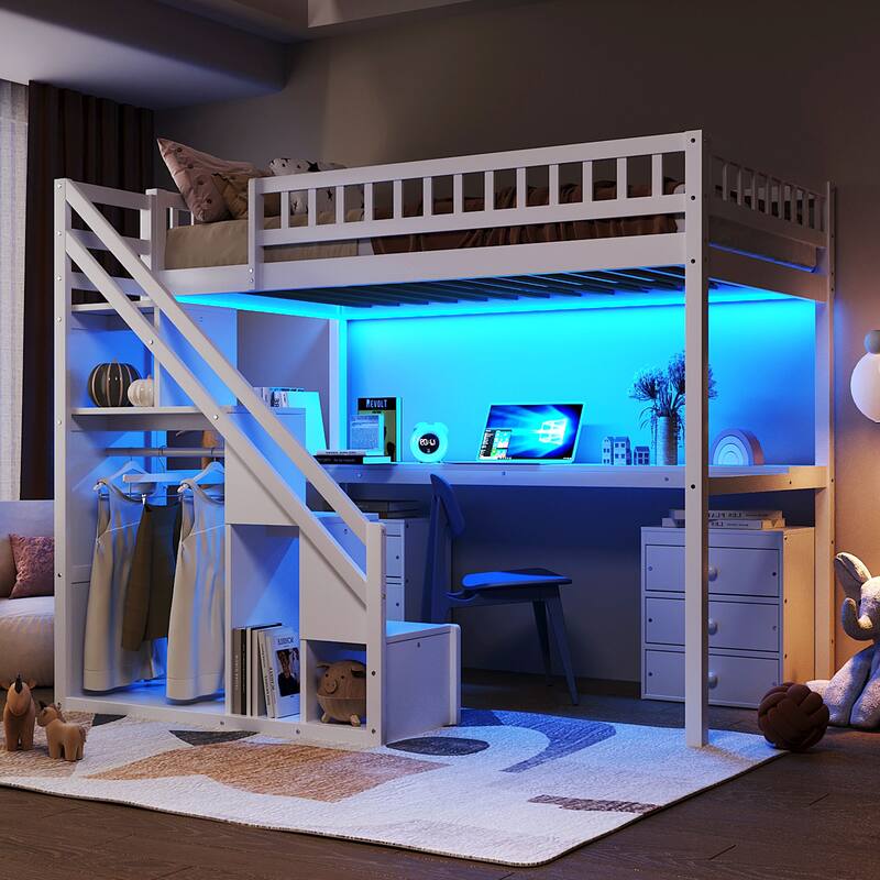 Roomfitters Twin/Full Size Loft Bed with Desk, Two Chests of Storage Drawers and Lighting