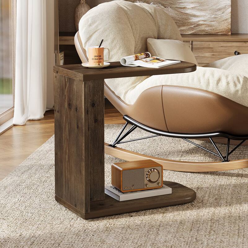 C-Shaped End Table, Small Solid Wood C Table for Sofa