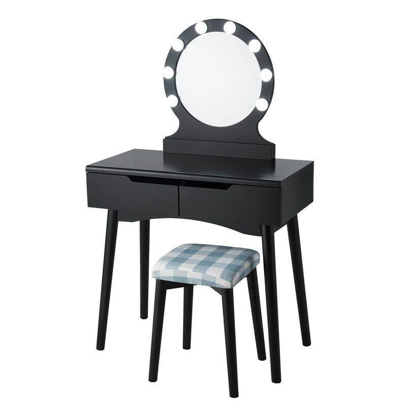 Dressing Table with Large Round Mirror and 8 Light Bulbs for Bedroom - 31.5" x 16" x 52" (L x W x H) - Black