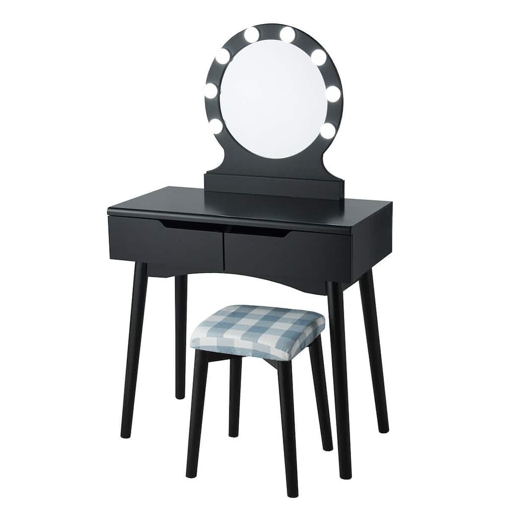 Dressing Table with Large Round Mirror and 8 Light Bulbs for Bedroom - 31.5" x 16" x 52" (L x W x H)