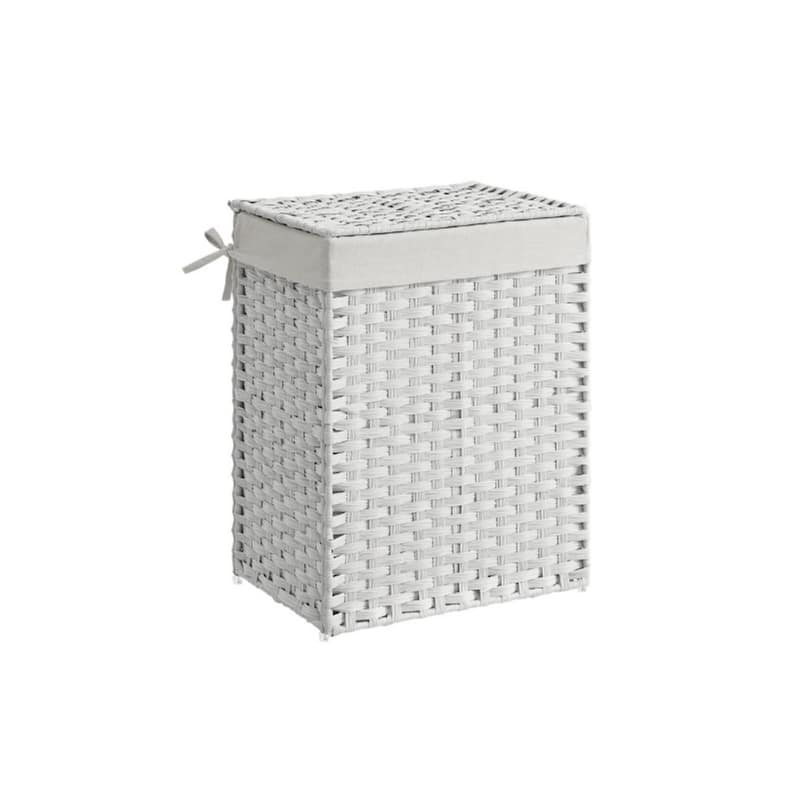 23.8Gallon White Waterproof Rattan Laundry Hamper with Lid and Removable Liner Metal Frame for Small Spaces