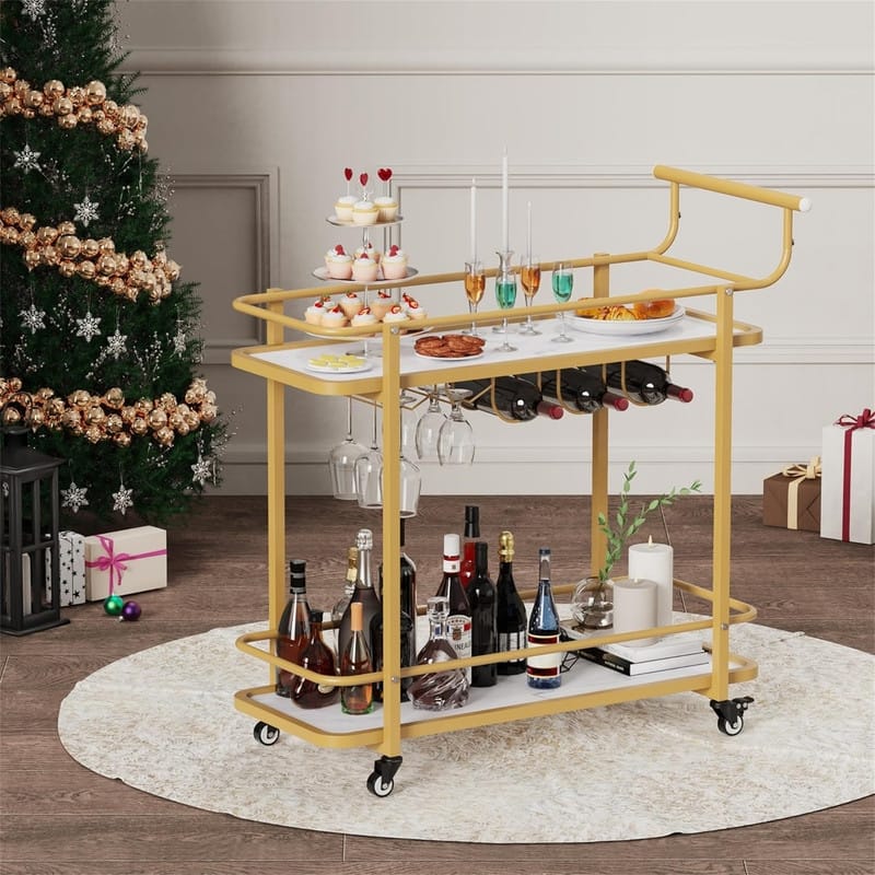 Gold Bar Cart with Wheels for Home 2 Tier Mobile Serving Cart - 16.53"D x 35.4"W x 35.4"H