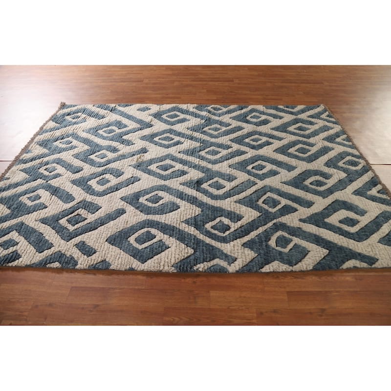 Navy Blue Moroccan Oriental Area Rug Hand-Knotted Wool Carpet - 5'8"x 8'3"