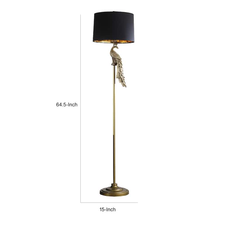65 Inch Floor Lamp, Peacock, Linen Drum Shade, Pedestal Branch, Gold Finish