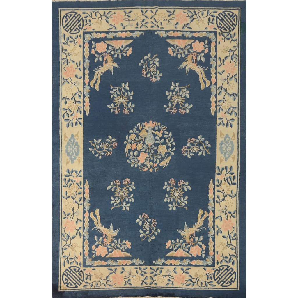 Hand Knotted Oriental 100% Wool Carpet Traditional Floral Navy Blue & Blues Art Deco Area Rug - 8' 9'' X 5' 10''