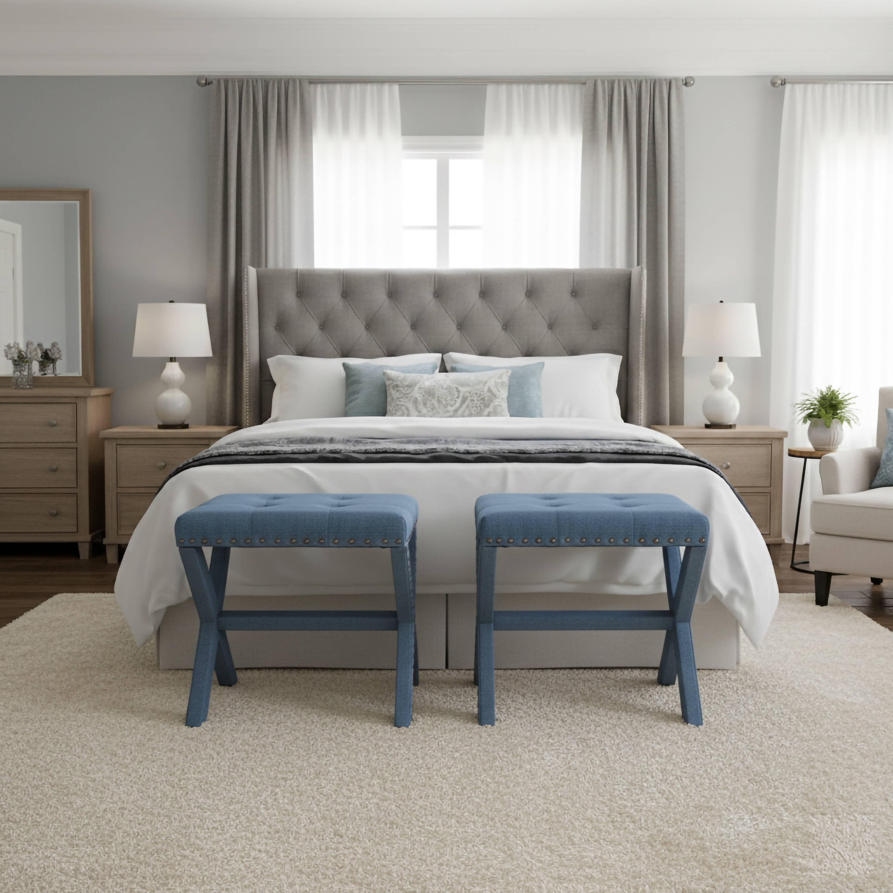 Modern Chic Vanity Stool X-Base Ottoman With Nailhead Trim (Set of 2)