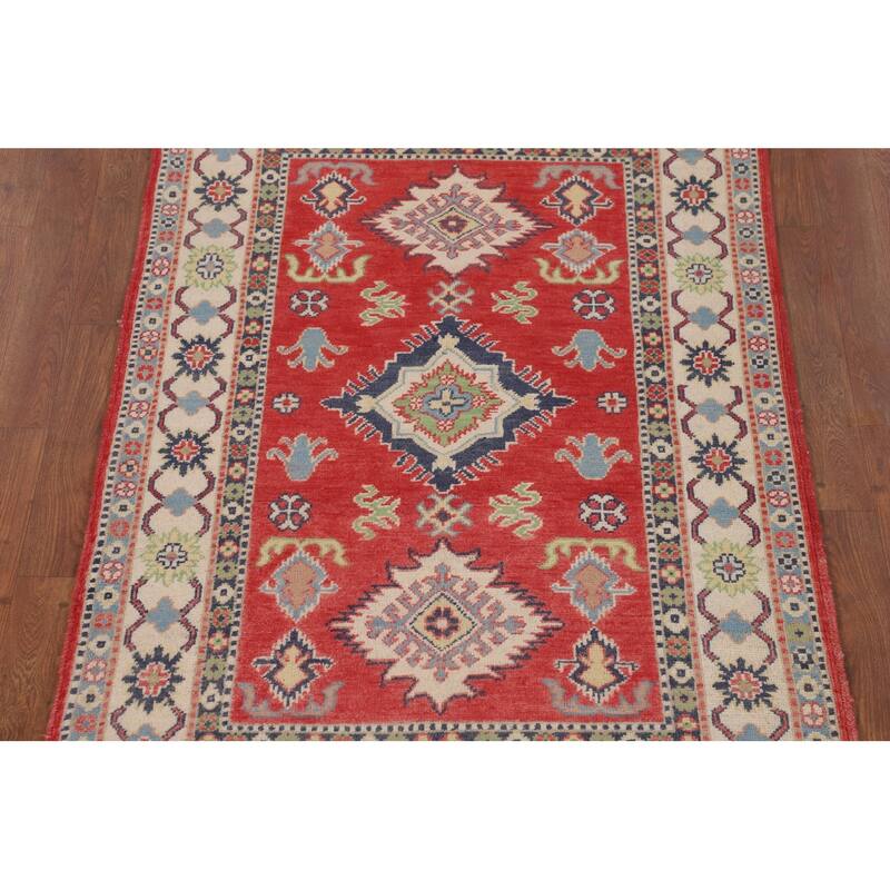 Geometric Kazak Accent Rug Handmade Red Wool Carpet - 3'4" x 5'0"