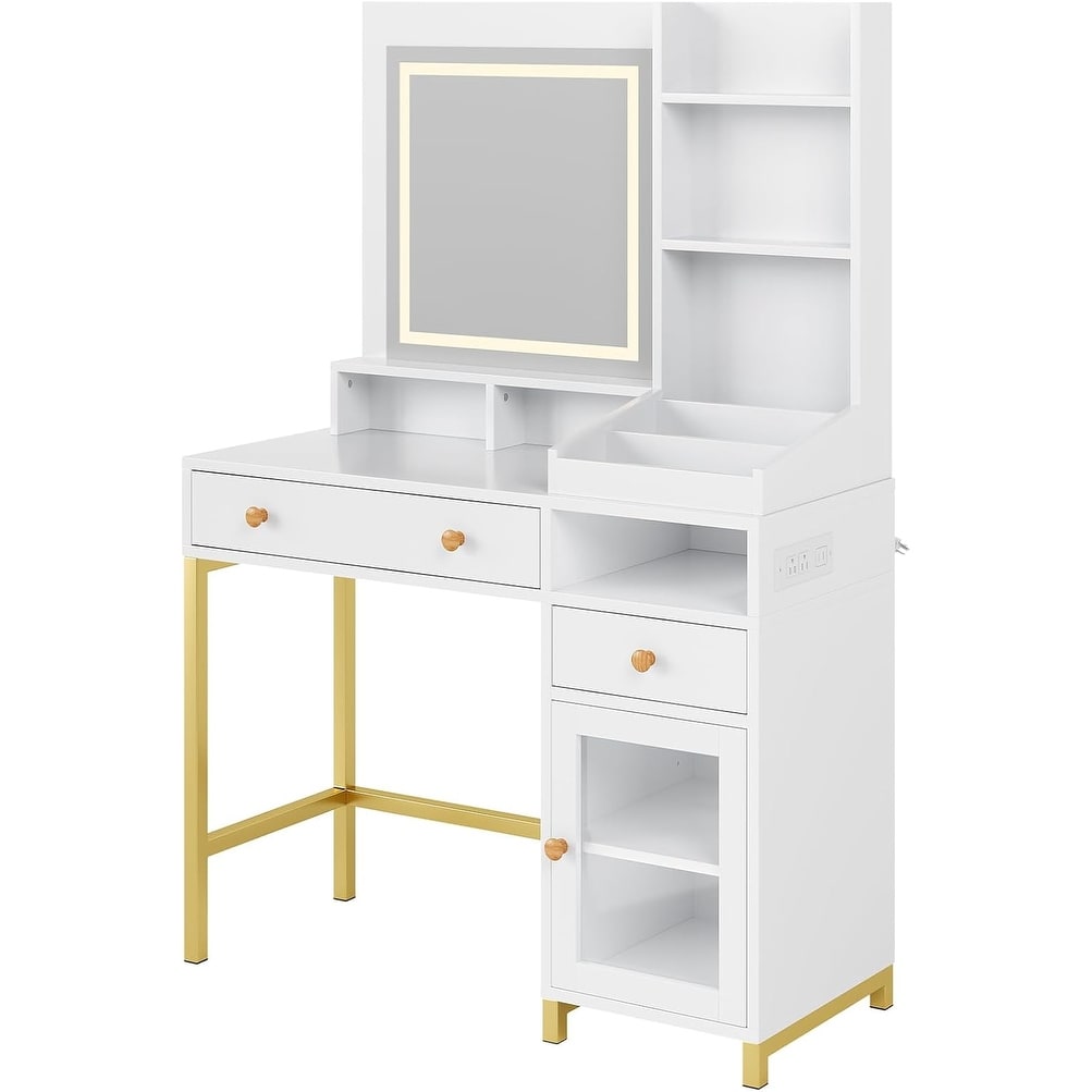 Vanity Desk with Mirror and Lights, Makeup Vanity Dressing Table with 3 Color LED Lighted Mirror and Power Outlet