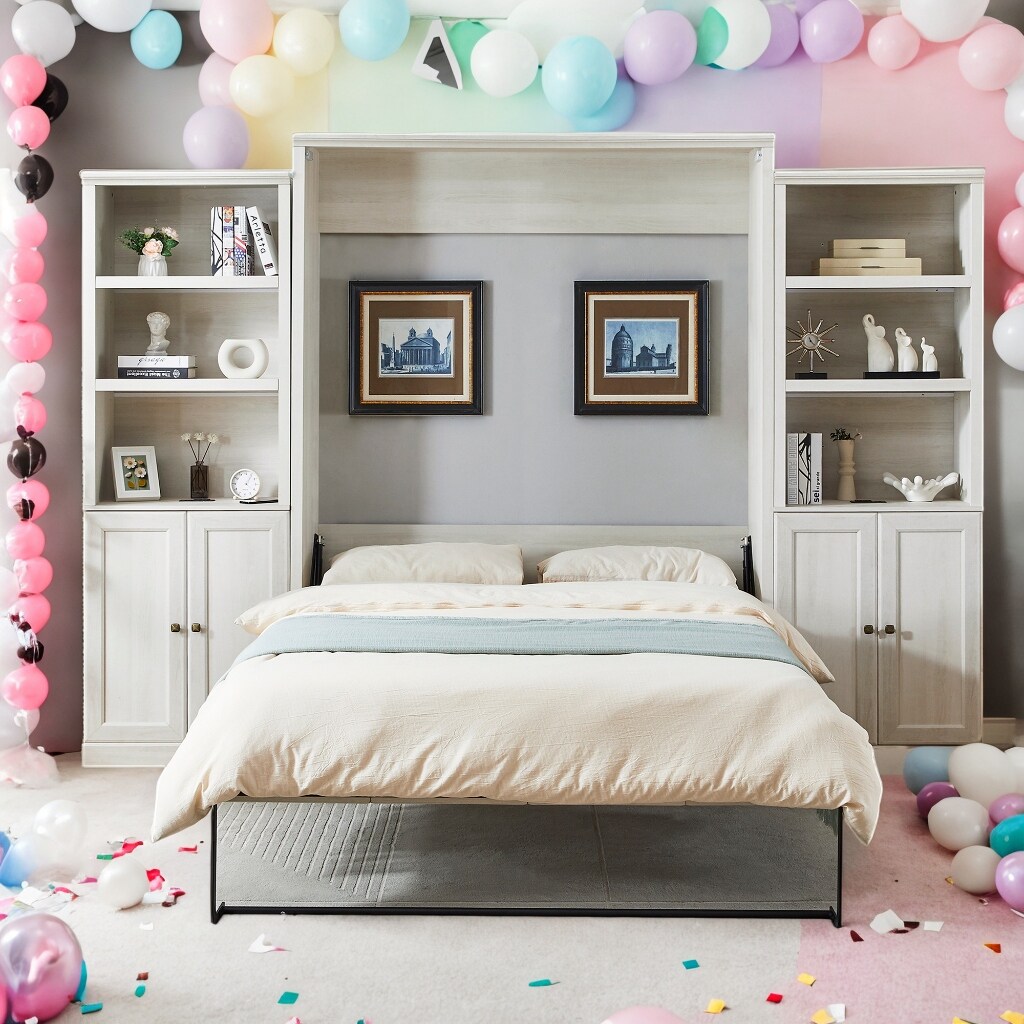 Queen Size Half Self-Close and Open Murphy Bed with 2 Side Cabinet