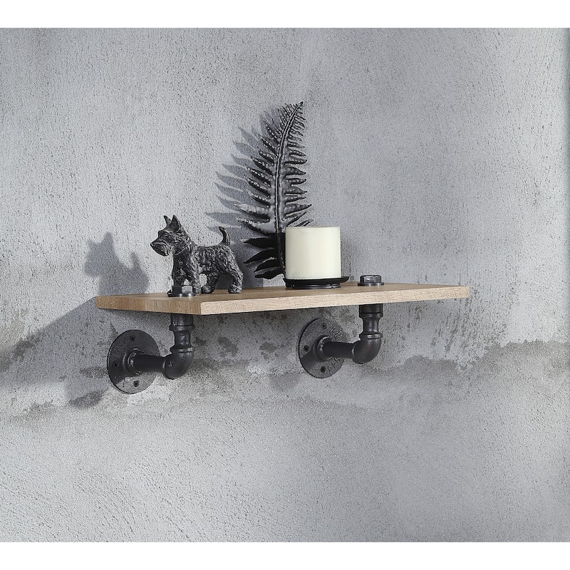 Floating Wood Wall Shelf with Metal Tube in Oak and Sandy Black