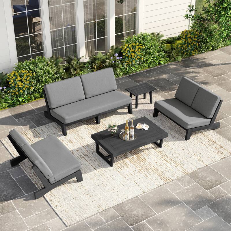 Casual Teak Outdoor Patio Conversation Set with Cushioned Sofa Loveaseat - Dark Wood - Grey-5 Piece