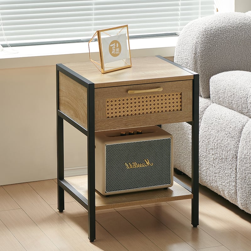 Modern Natural Rattan Wooden Nightstand/End Table/Side Table with Drawer(Set of 2)