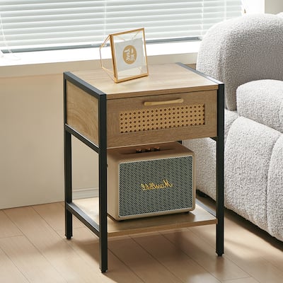 Rattan Nightstand, 15" End Table with Drawers, Modern Bedroom Nightstand Metal Legs, Display Cabinets Living Room, Natural