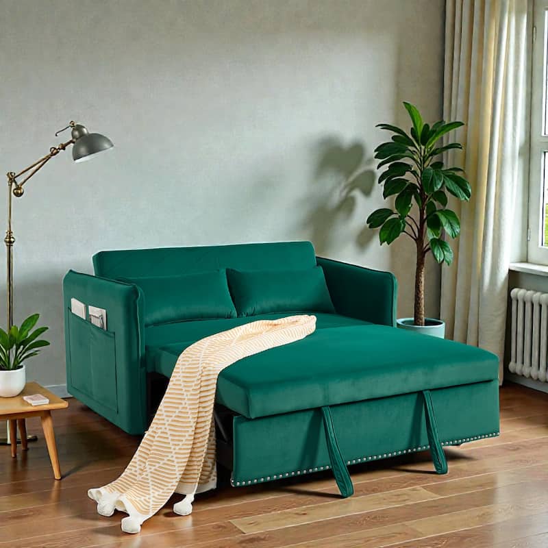 3 in 1 Convertible Sleeper Sofa Bed, Velvet Futon Loveseat with Pull Out Bed, Adjustable Backrest and Side Pockets