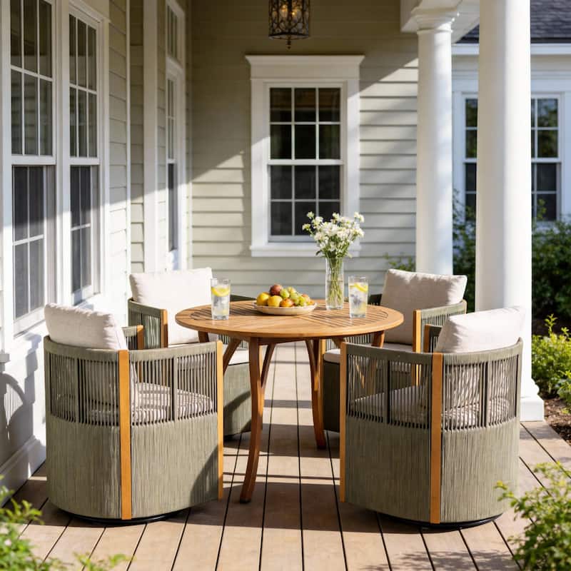 Christopher Knight Home - Faye 5-Piece Outdoor Acacia Wood Swivel Dining Set with Rope Cushioned Chairs & Curved-Leg Round Table