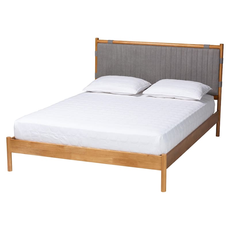Jaiana Mid-Century Grey Fabric and Oak Brown Wood Queen Size Bed - Queen