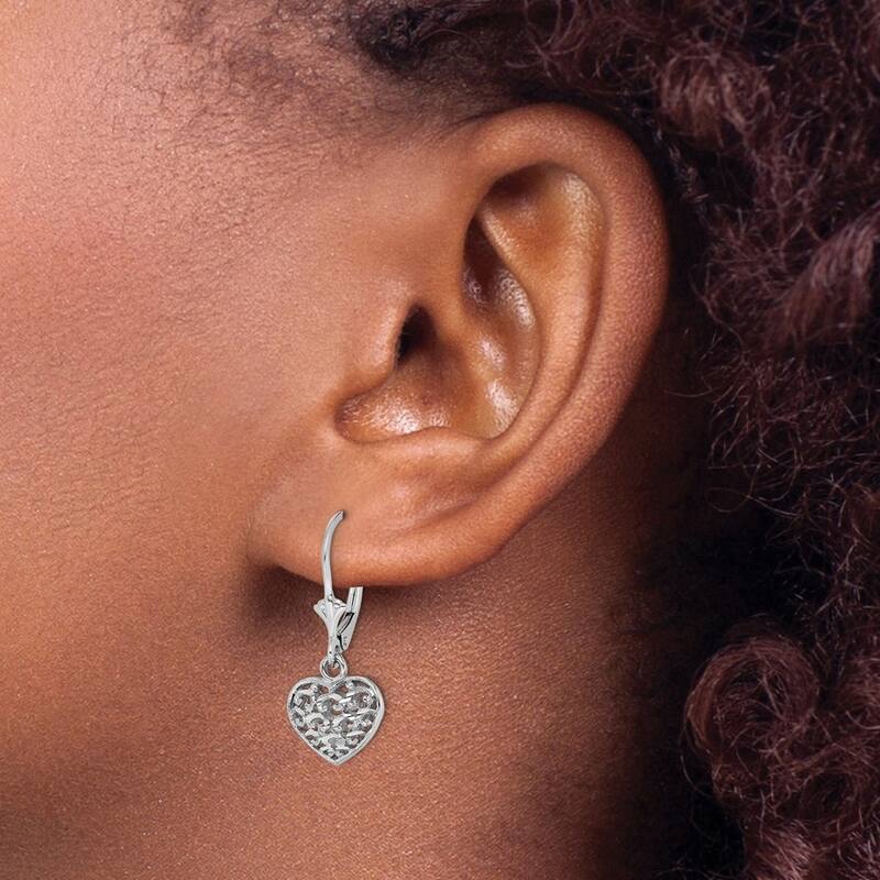 Curata 14k White Gold 25.8x10.7mm Textured Puffed Heart Leverback Earrings