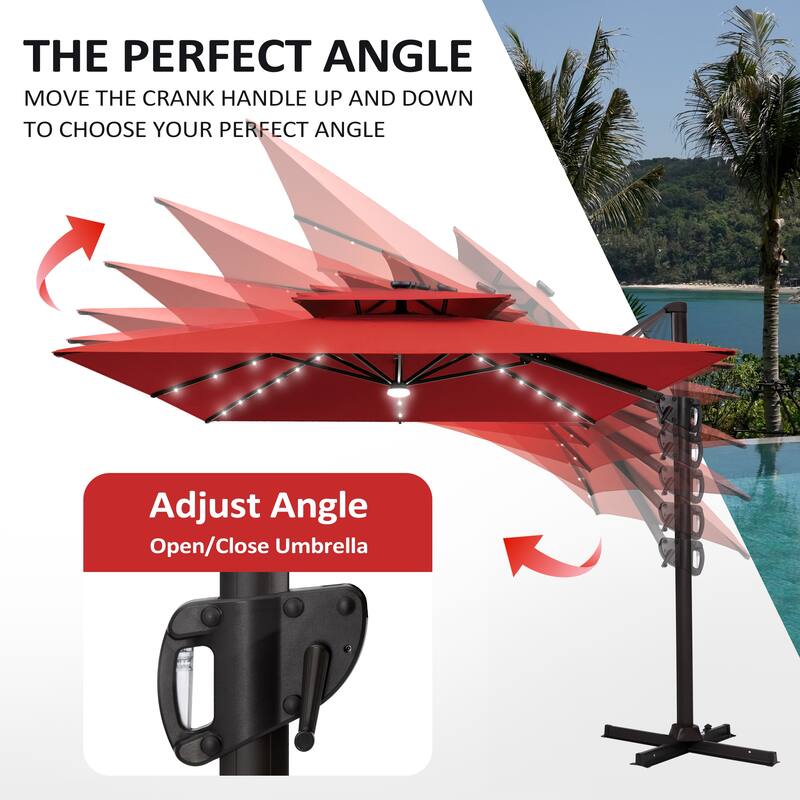 9 X 11 FT Outdoor Patio Cantilever Umbrella with Solar Lights All-Weather Wheeled Base Double Canopy 360 Rotation Tilt