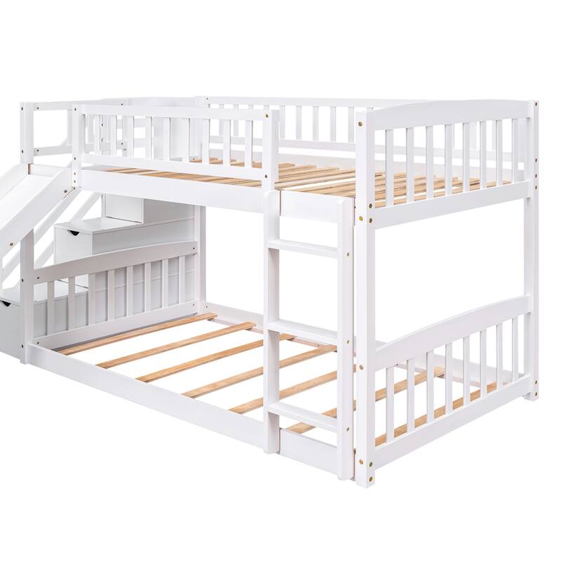 Stairway Twin over Twin Bunk Bed with Two Drawers and Slide, White