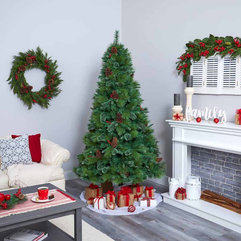 7ft. Mixed Pine Artificial Christmas Tree with Pine Cones, Berries and 500 Clear LED Lights - Full & Lush Holiday X-Mas Display