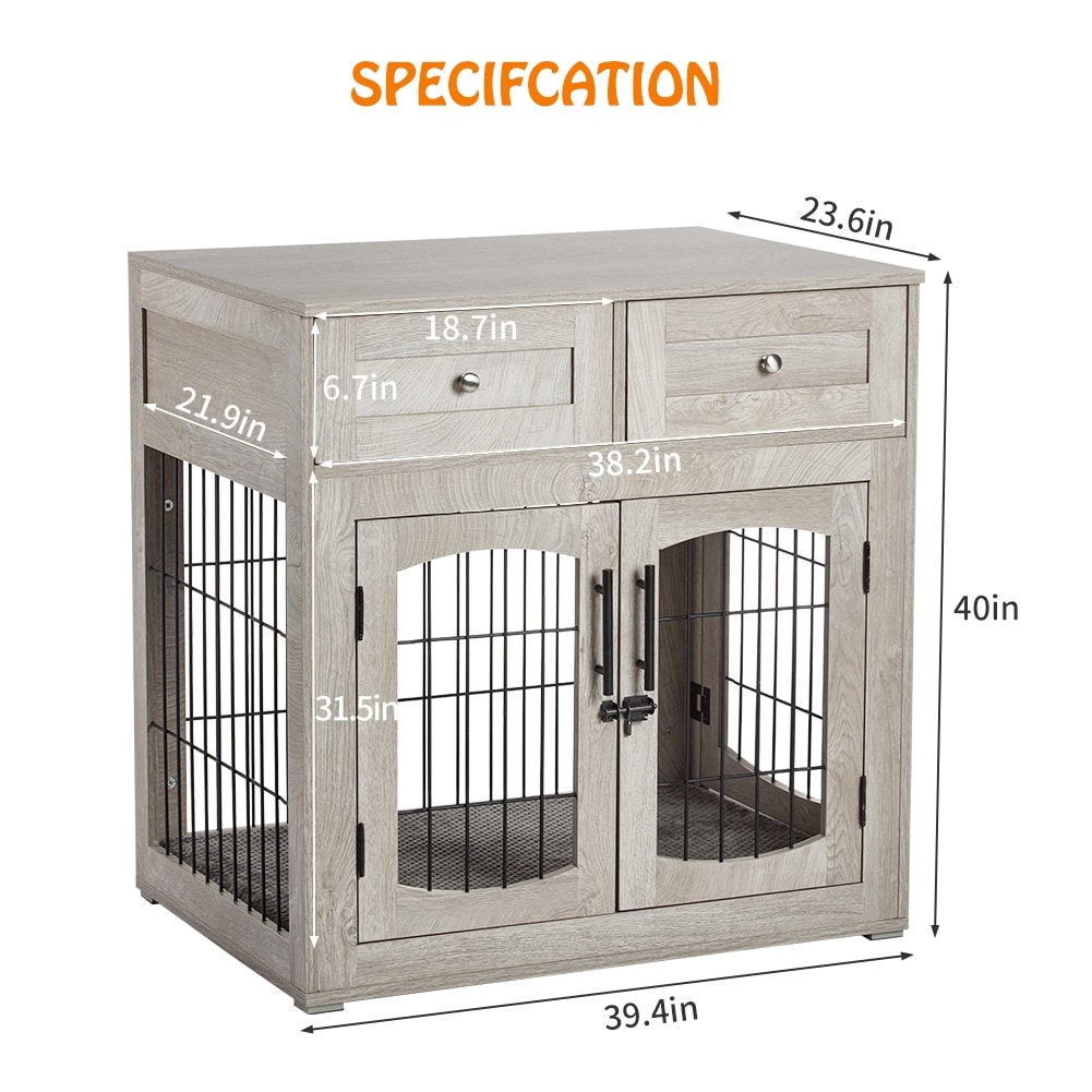 Dog Crate Furniture with Cushion Wooden Dog Kennel with 2 Drawers