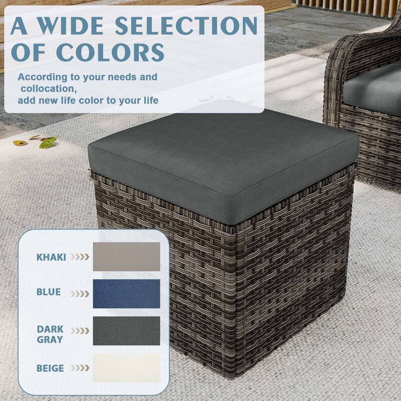 Outdoor Patio PE Wicker Ottoman with Cushion Set of 2