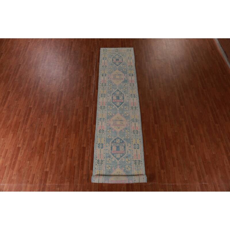 Hand Knotted Oriental 100% Wool Carpet Transitional Geometric Navy Blue & Blues Oushak Runner Rug - 17' 0'' X 3' 3''