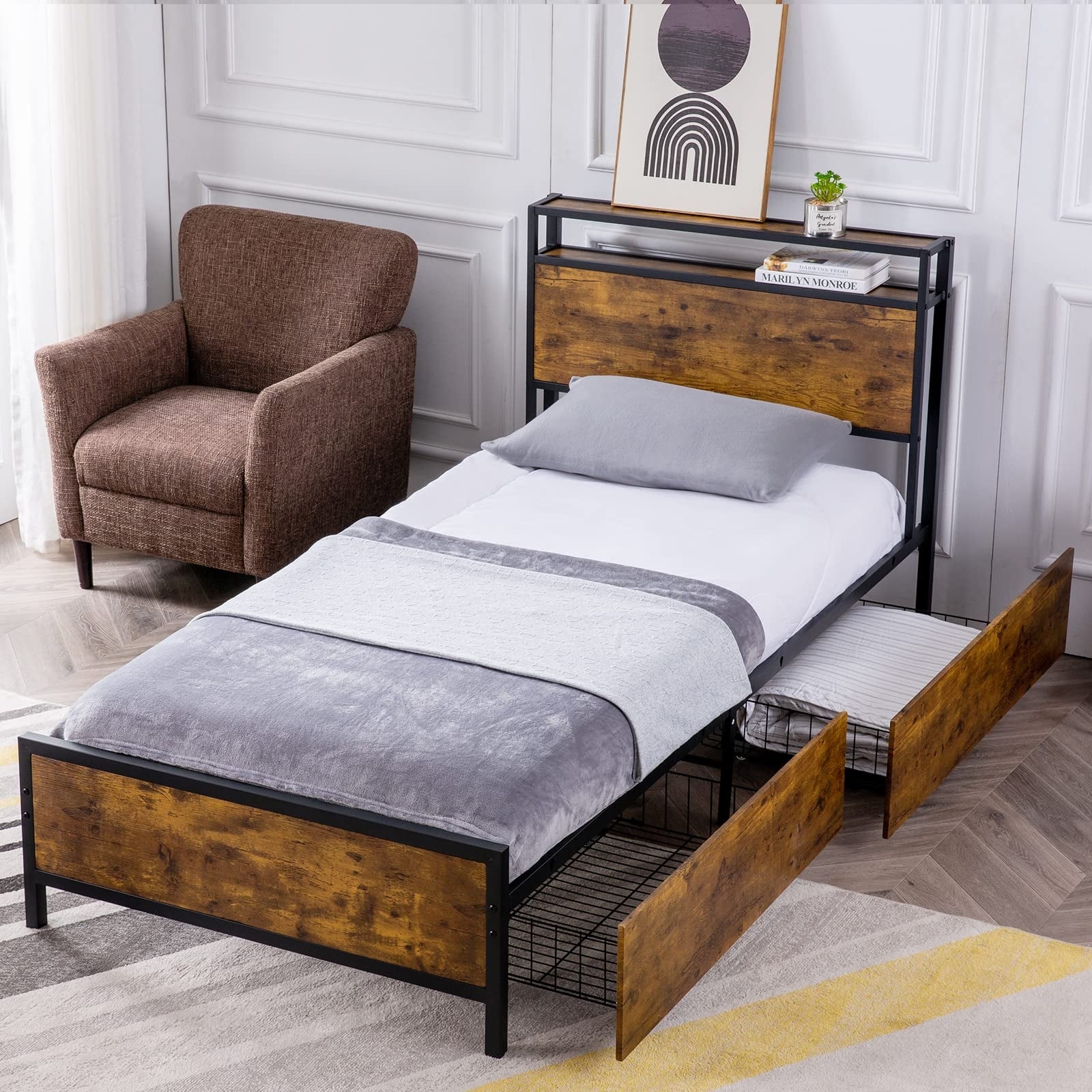 Twin Bed Frame with 2 XL Storage Drawers, Platform Bed Frame with 2-Tier Headboard, Strong Metal Slat Support