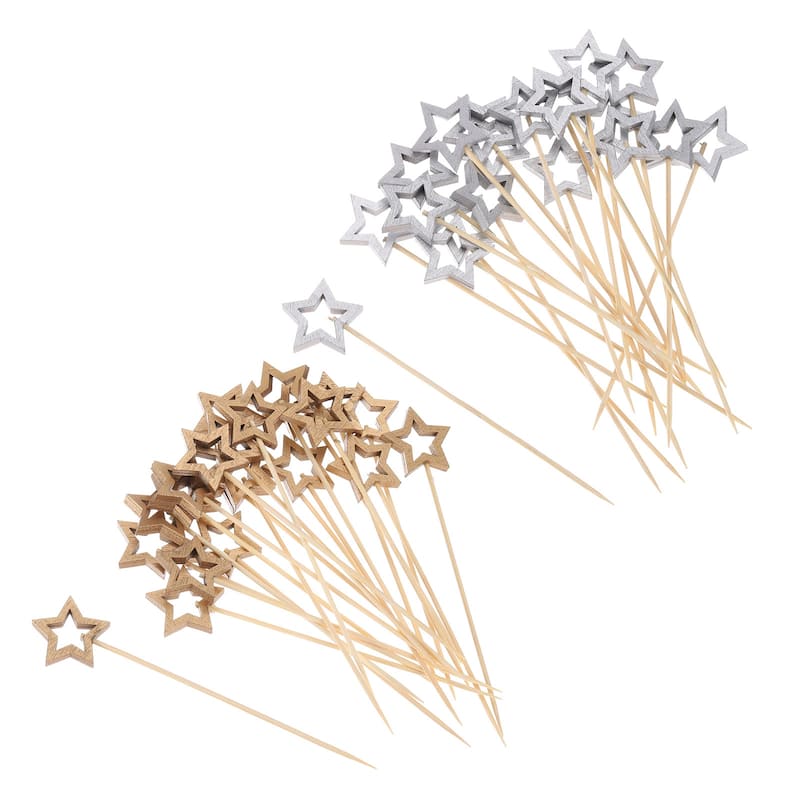 Bamboo Cocktail Toothpicks Hollow Star Shaped Drink Pick Skewer 200Pcs - Gold, Silver - 5.5"