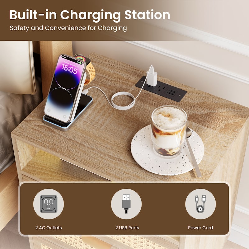 POLESITTER Rattan 3 Drawers Nightstand with LED Lights and Charging Station,Storage End Table