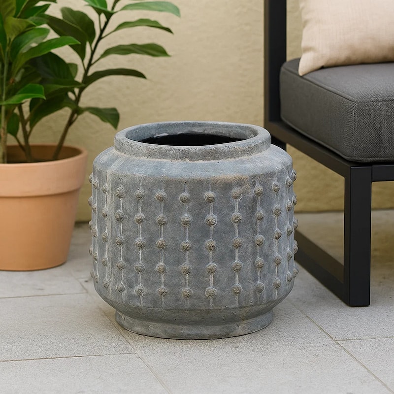 8 Inch Ceramic Planter, Round Curved Bubbled Texture, Weathered Gray Finish